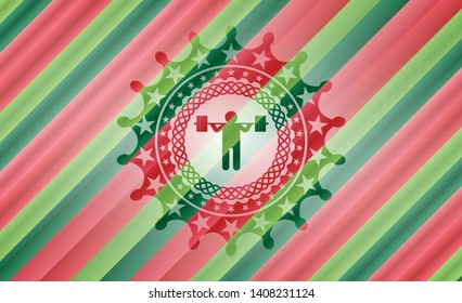 squat icon inside christmas style badge..