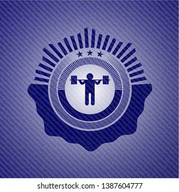 squat icon inside emblem with denim texture