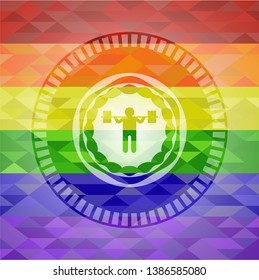 squat icon inside emblem on mosaic background with the colors of the LGBT flag