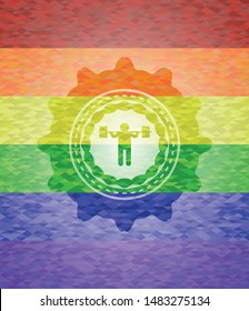 squat icon inside emblem on mosaic background with the colors of the LGBT flag