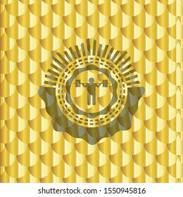 squat icon inside gold shiny badge. Scales pattern. Vector Illustration. Detailed.