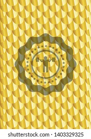 squat icon inside golden emblem or badge. Scales pattern. Vector Illustration. Detailed.