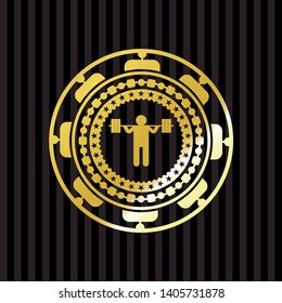 squat icon inside golden emblem or badge