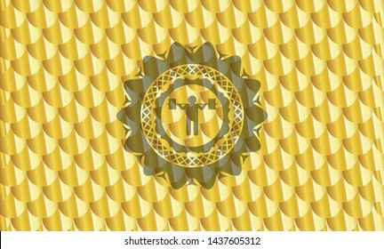 squat icon inside golden emblem. Scales pattern. Vector Illustration. Detailed.
