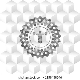 squat icon inside grey emblem. Retro with geometric cube white background