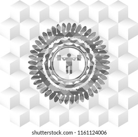 squat icon inside grey emblem with cube white background
