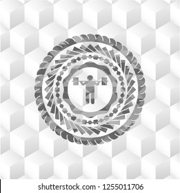 squat icon inside grey emblem with cube white background