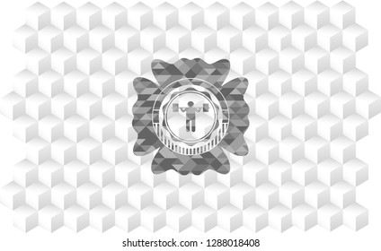 squat icon inside grey emblem with cube white background