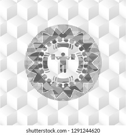 squat icon inside grey emblem with geometric cube white background
