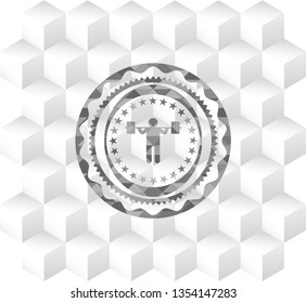 squat icon inside grey emblem with cube white background