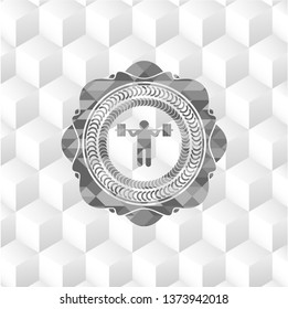 squat icon inside grey emblem with geometric cube white background