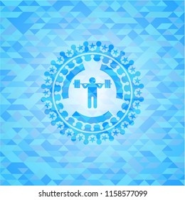 squat icon inside light blue emblem. Mosaic background