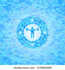 squat icon inside light blue emblem. Mosaic background