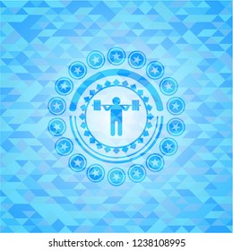 squat icon inside light blue emblem. Mosaic background