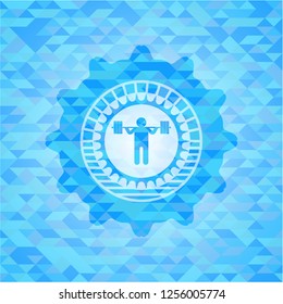 squat icon inside light blue emblem with triangle mosaic background