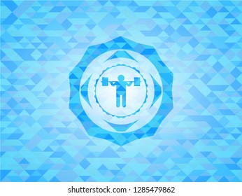 squat icon inside light blue emblem with mosaic ecological style background