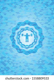 squat icon inside light blue emblem with triangle mosaic background