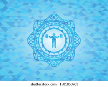 squat icon inside light blue emblem. Mosaic background