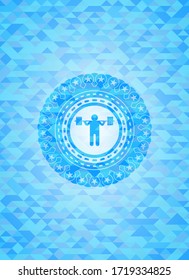 squat icon inside light blue emblem with mosaic background. 