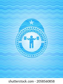 squat icon inside light blue water wave emblem. 