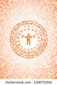 squat icon inside orange tile background illustration. Square geometric mosaic seamless pattern with emblem inside.