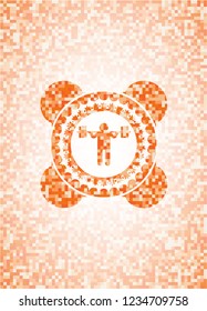 squat icon inside orange tile background illustration. Square geometric mosaic seamless pattern with emblem inside.