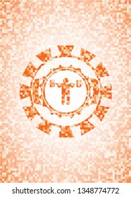 squat icon inside orange tile background illustration. Square geometric mosaic seamless pattern with emblem inside.