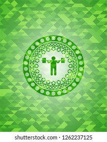 squat icon inside realistic green emblem. Mosaic background