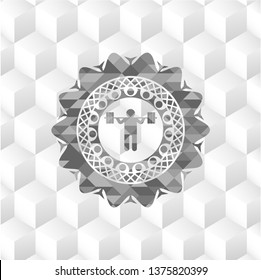 squat icon inside realistic grey emblem with geometric cube white background