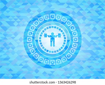 squat icon inside realistic light blue emblem. Mosaic background
