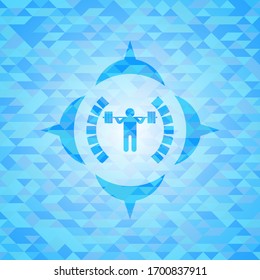 squat icon inside realistic light blue emblem. Mosaic background