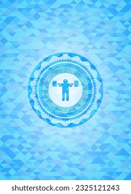 icono de cuclillas dentro de un emblema realista de mosaico azul cielo. 