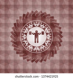 squat icon inside red badge with geometric pattern. Seamless.
