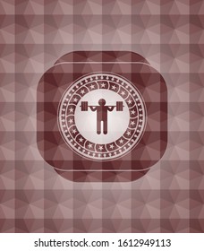 squat icon inside red badge with geometric pattern. Seamless.