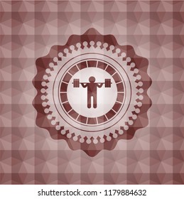 squat icon inside red emblem with geometric pattern background. Seamless.