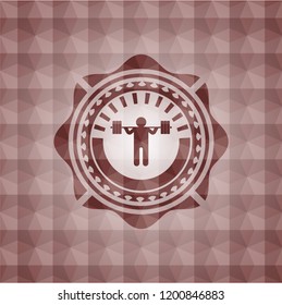 squat icon inside red emblem or badge with abstract geometric polygonal pattern background. Seamless.