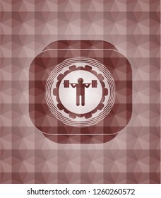 squat icon inside red emblem with geometric background. Seamless.