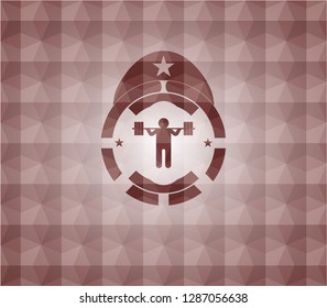 squat icon inside red emblem or badge with abstract geometric pattern background. Seamless.