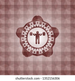 squat icon inside red emblem or badge with geometric pattern background. Seamless.