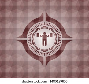 squat icon inside red emblem with geometric background. Seamless.