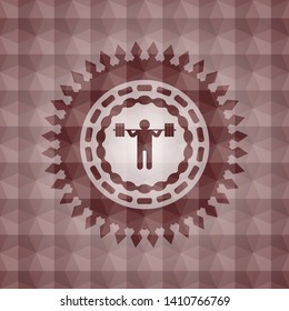 squat icon inside red emblem with geometric background. Seamless.