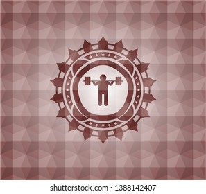 squat icon inside red geometric pattern emblem. Seamless.
