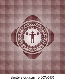 squat icon inside red geometric pattern emblem. Seamless.