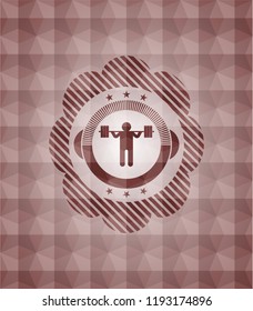 squat icon inside red polygonal badge. 