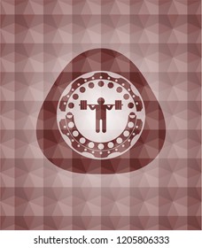 squat icon inside red seamless geometric emblem.