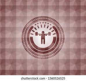 squat icon inside red seamless geometric emblem.