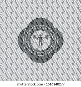 squat icon inside silver color emblem. Scales pattern. Vector Illustration. Detailed.