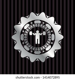 squat icon inside silvery badge or emblem