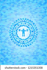 squat icon inside sky blue emblem. Mosaic background