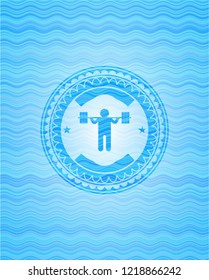 squat icon inside sky blue water style emblem.